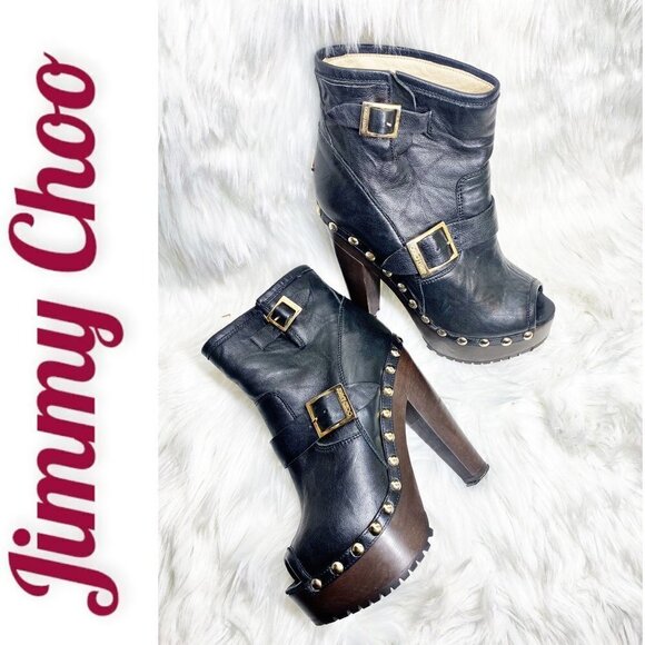 JIMMY CHOO Black Leather Studded Platform Peep Toe Biker Booties, Size 38 - Picture 2 of 8